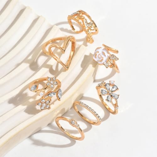 Flower Rings for Women Gold Adjustable Rings Set, Pink Enamel Rose Daisy Stackable Rings with Cubic Zirconia, Dainty Floral Knuckle Rings Jewelry for Party Wedding Gifts - color: Gold-02