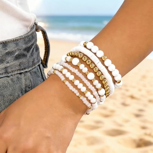 7/12Pcs Set Bohemian Stackable Crystal Seed Beaded Elastic Stretch Bracelet Multilayerd Handmade Brass Bead for Women Jewelry Surfer Heishi Polymer Clay Layering - color: white