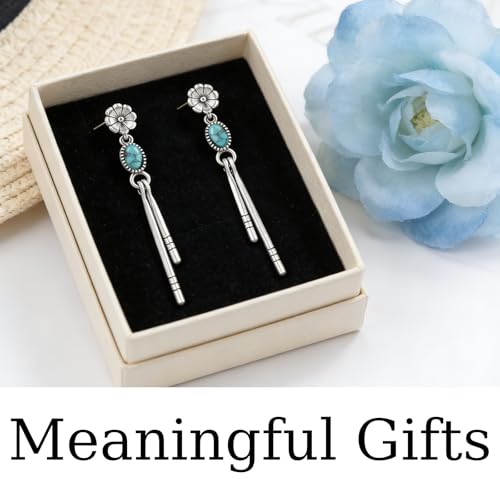 1 Pair Silver Tone Simulated Turquoise Dangle Earrings for Women,Boho Style Long Earrings,Womens Western Earrings,Tassel Drop Earrings,Vintage FlowerEarrings,Western Jewelry