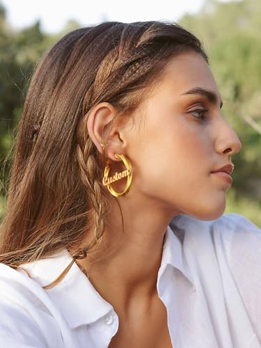 FindChic Twisted Hoop Earrings for Women, Silver/Black/14K Gold Plated Hypoallergenic Hollow Tube Rounded Loop Earrings, 30mm/40mm/60mm/80mm Hoops with Custom Name Options and Gift Box - color: f.Gold (Custom Name), size: 40MM