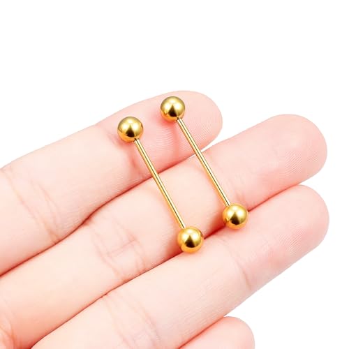 16G 14G Surgical Steel Tongue Rings Nipple Rings Industrial Piercing Jewelry Set Multi Size Straight Barbells 12mm 14mm 16mm 19mm 22mm 28mm 32mm 35mm 38mm 40mm 45mm for Women Men - color: goldtone, size: 16g,bar length 19mm