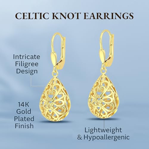 LeCalla 925 Sterling Silver Leverback Drop Earrings | Lightweight Italian Teardrop Dangle Earring for Women - color: 14K Celtic Filigree