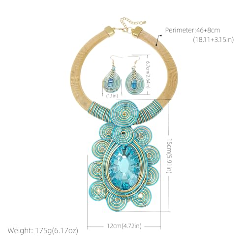 African Jewelry Sets Statement Big Crystal Pendent Necklace Earrings Set For Women Handmade Bib Collar Costume Tribal Fashion Accessories - color: KDLUN5305 Sky Blue