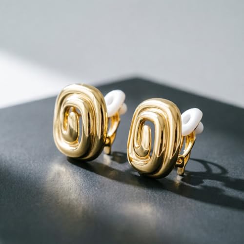 YUJIE Gold Spiral Square Clip On Earrings 18K Gold Plated Non Pierced Geometric Statement Earrings for Women Trendy Minimalist Jewelry