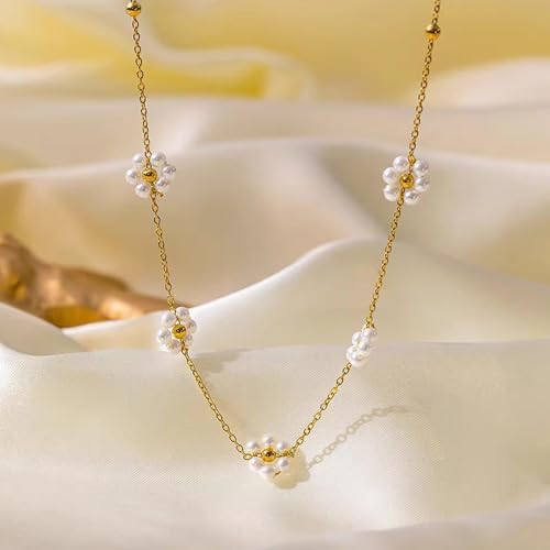 Zeffy Pearl Necklace 4MM/6MM/8MM Dainty Round Imitation Pearl Choker Necklace Wedding Pearl Necklace Delicate Jewelry for Women Simple Bridesmaid Jewelry Gifts - style: Gold Pearl Daisy Necklace(15"+2")