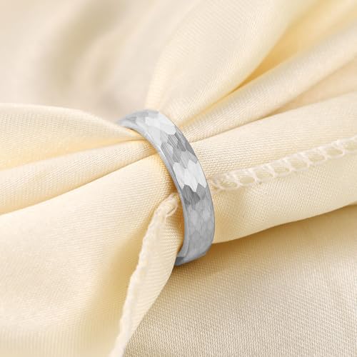 4-6mm Hammered Tungsten Wedding Band Matte for Men and Women | Matte Brushed Finish, Scratch and Fade Resistant, Engraved Faceted Pattern, Dome Profile, 4mm/6mm/8mm, Sizes 6–12 - color: 4mm Hammered Silver