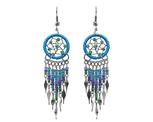 Beaded Dreamcatcher Earrings for Women, Long Boho Fringe Dangle Earrings, Lightweight Colorful Statement Jewelry, Handmade - color: Peacock Blue & Green