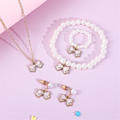 MALOYANVE 4PCS Bow Necklace Earrings Bracelet Ring Set for Women Elegant Bowknot - Adorned Pearl Jewelry Silk Ribbon Necklace Bracelet and Earrings for Christmas - style: Pink Bow