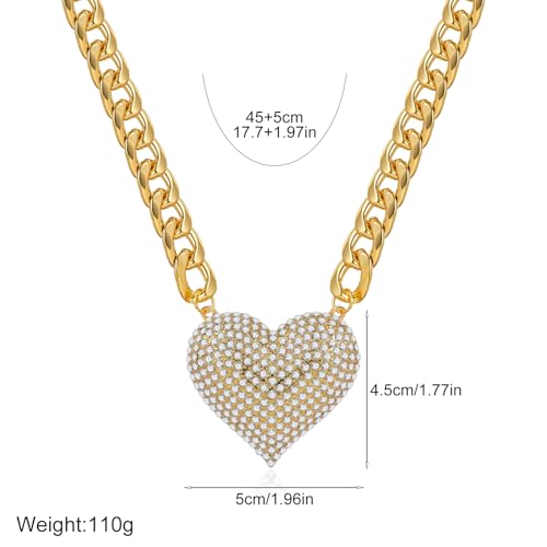 Gold Cuban Link Chain Necklace with Red Crystal Heart Pendant, Statement Chunky Curb Link Chain,Fashion Jewelry for Women - color: White