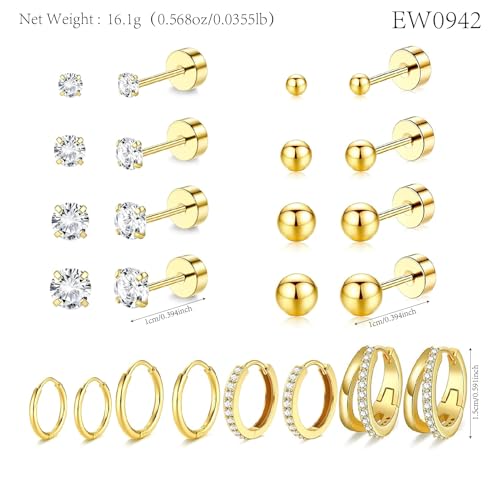 Stainless Steel Stud Earrings Set for Women Hypoallergenic Flat Back Cartilage Earrings Screw Back Huggie Hoop Earrings Multiple Piercing Cubic Zirconia Helix Tragus Jewelry - color: Set-C-14K Gold Plated