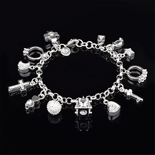 kelistom 925 Sterling Silver Bracelets for Women Teens, Love Heart Charm Chain Bracelet Bangle Fashion Jewelry Gifts - color: multi-charms