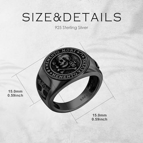 Memento Mori Ring 925 Sterling Silver Gothic Skull Signet Rings Tree of Life for Men Stoic Jewelry Memento Vivere Gifts - color: Black