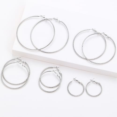 4/10 Pairs Stainless Steel Gold Silver Plated Hoop Earrings Hypoallergenic Dainty Big Small Hoops Earrings Set for Women - color: 5 Pairs Silver Plated Filigree Hoop Earrings Set