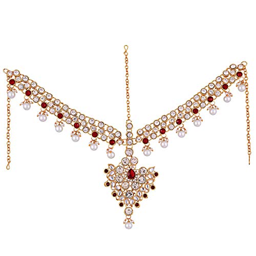 Aheli Bollywood Style Indian Bridal Choker Necklace Matha Patti Nose Ring Haath Phool Wedding Fashion Bharatanatyam jewellery set for Women - color: Maroon