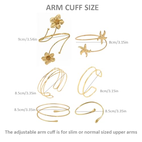 ItsStarred Minimalist Arm Cuff Gold Plated, Upper Arm Cuff Bangle Bracelet for Women, Adjustable Arm band Set 6 Pieces - color: A3: Gold Plated Starfish