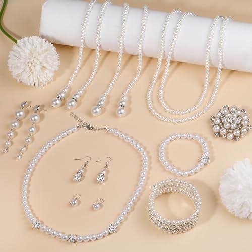 Pearl Jewelry Set for Women Faux Pearl Costume Jewelry Set with Necklace, Bracelets, Ring, Earrings for Wedding Bridal Birthday Tea Party - color: 8Pcs White