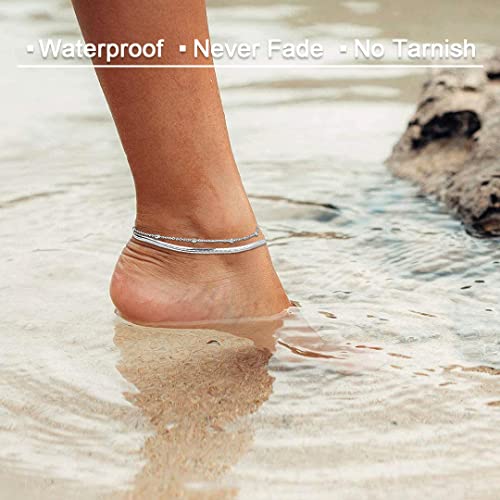 Sparkling Ankle Bracelets for Women Waterproof,18K Gold Plated Anklets for Women Large Ankles - color: C-3pcs Mix Snake Chain-Silver
