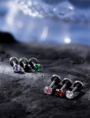 16G ASTM F136 Titanium Surgical Steel Internal Thread Flat Back Studs Earrings Lip Rings Labret Medusa Helix Tragus Cartilage Earring stud Piercing Jewelry for Women Men Silver Black Gold - style: 16g/4mm Mix cz/Titanium 6mm