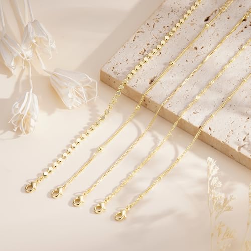Gold Bracelet for Women, Waterproof Jewelry,5PCS | 14K Gold Plated Bracelets Stacks Non-Tarnish, Lightweight & Comfy, Trendy Adjustable Dainty Links, Women’s Jewelry Gift - color: 5 pcs-Big Satellite+Box+Flat Bead+Twist+Small Satellite