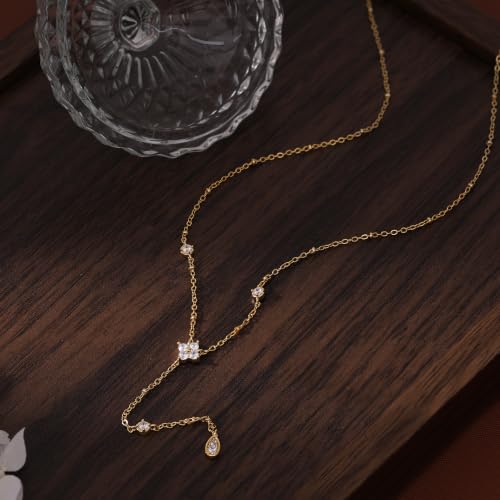Long Necklaces for Women, Cute 14K Gold Plated CZ Drop Necklace | Dainty Gold Necklace, Simple CZ Teardrop Clover Y Shaped Lariat Necklace,Statement Non Tarnish Necklace, Trendy Gold Jewelry - color: Gold-Drop 2