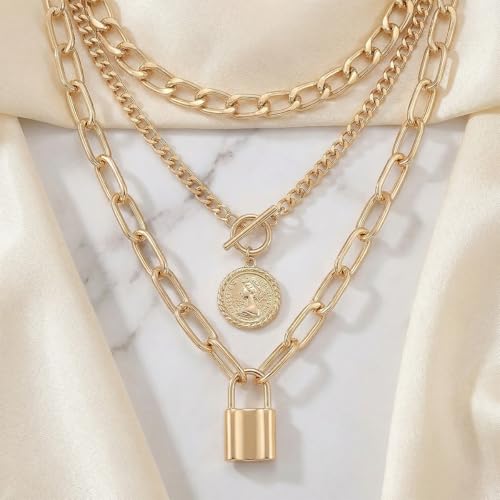 9-Piece Gold Tone Layered Chain Necklace Set for Women, Versatile Stackable Necklaces with Vertical Bar/Herringbone/Padlock Coin Charms, Trendy Boho Jewelry - style: TZJ-003360