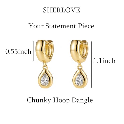 SHERLOVE Chunky Statement Gold Dangle Earrings Women Bezel Cubic Zirconia | 14K Gold Plated Huggie Hoop Drop,Dainty Trendy Elegant Fancy Formal,Hypoallergenic Lightweight Non tarnish,Statement Jewelry - color: Chunky Dangle Teardrop Gold