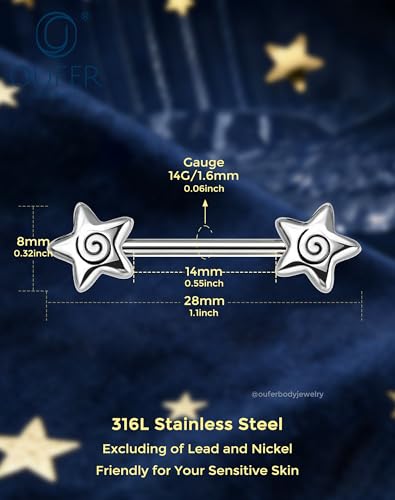 OUFER 14G Star Spiral Nipple Piercing Jewelry 316L Surgical Stainless Steel Straight Barbell 14mm Bar Length Nipple Rings for Women Men