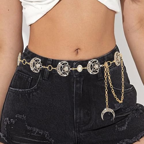 Rhinestone Moon Chain Belt Sparkly Star Waist Chain Adjustable Body Jewley for Women Dress Belt Accessory - style: Gold moon star B