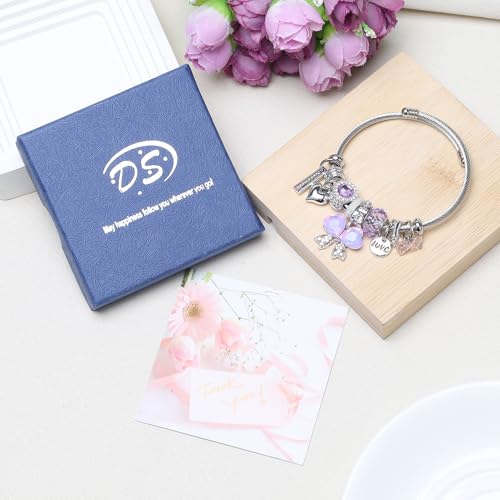 DS Charm Bracelets for girls,exquisite cute cartoon friendship bracelets Silver Stainless Steel Bangle with birthday Gift box, Adjustable girls jewelry Suitable for holiday gifts - style: Silver-purple butterfly 3