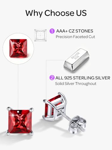 ChicSilver 925 Sterling Silver Earrings Sparkling Heart/Round/Princess Cut Birthstone Earrings for Women Birthday Jewelry with Gift Box - style: A.January(Garnet)-Princess Cut