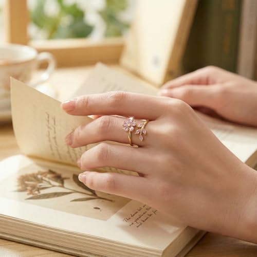 Flower Leaf Wrap Finger Ring for Women,Delicate Pink Crystal Floral Statement Open Ring,Adjustable Promise Engagement,Trendy Irregular Flower Accessories,Prom Jewelry Accessory