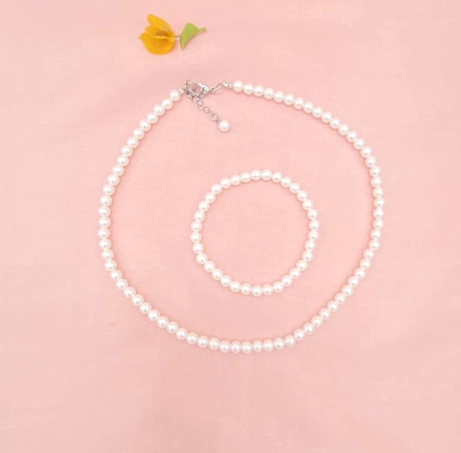 5mm Faux Pearl Necklace Set for Women & Girls, Bracelet & Earrings | White, Glass Material, Party Event Accessory, Gift Ready Presentation, Daily Wear - style: 5MM 14.5inch