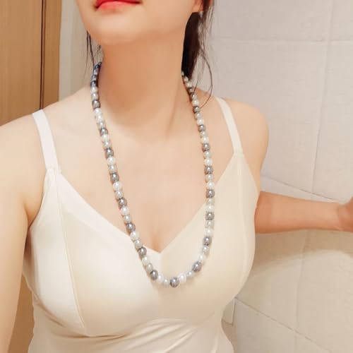 AAA+ Simulated Pearl Strand Necklace Colorful 10mm Pearls Choker Necklaces for Women 1920s Long Costume Jewelry Gift - color: long pearl necklace White Grey Shades 24 Inches