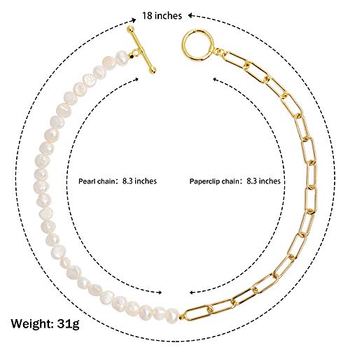 Pearl Necklace for Women Paperclip Chain Chunky Gold Necklace, Freshwater Cultured Pearls Trendy Link Chain 18K Gold Plated Dainty Pearl Choker - color: Gold Paper Clip Pearl Necklace