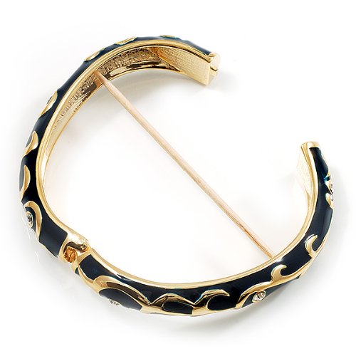 Avalaya Navy Blue Enamel Curvy Crystal Hinged Bangle (Gold Tone Finish)