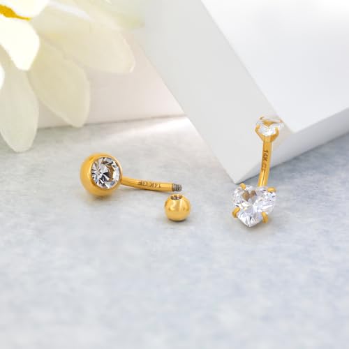 2pcs 14k Gold Filled Belly Button Rings, 14G 8mm/10mm/12mm Threaded Barbell Belly Button Piercing, Navel Ring Piercing Jewelry - color: 14K GF-2pcs-Heart CZ-8mm