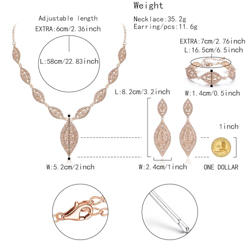 Flyonce Wedding Jewelry Set Rhinestone Crystal Bridal Leaf Necklace Drop Dangle Chandelier Earrings Sets for Women - color: Champagne Color
