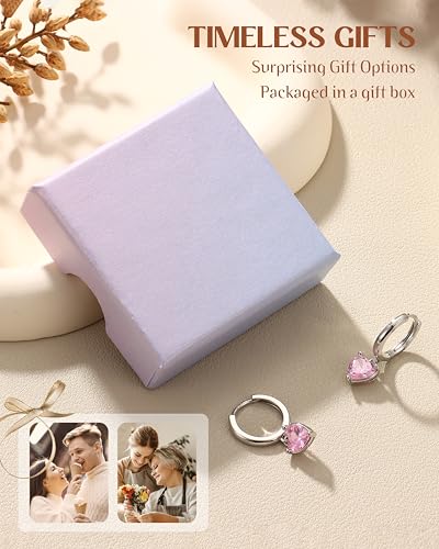 FIBO STEEL 14K Gold Plated Hoop Earrings with Charms for Women Huggie Hoops | Hypoallergenic 925 Sterling Silver Post Dangle Earrings Small Silver Gold Hoops Earring Cubic Zirconia Dangle Drop Jewelry - color: Pink Heart - Silver Plated