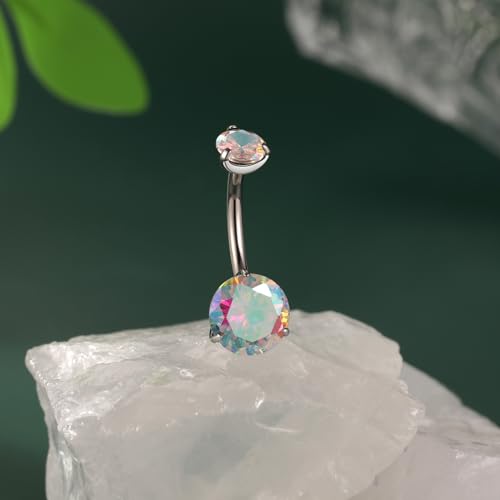 FUNLMO 14G Belly Button Ring Titanium Belly Button Piercing Belly Ring Internally Threaded Navel Piercing Jewelry - color: Silver-Aurora Borealis CZ