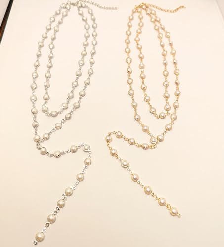 Colorful Crystal Long Necklace for Women Dainty Boho Y-Shaped Color Bead Necklaces Sparkly Rhinestone Pendant Layered Gold Long Chain Choker Good Luck Trend Jewelry Gift Jewelry - color: Double Layer Pearl Silver