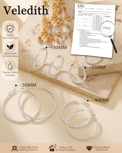 3MM Thin Sterling Silver Hoop Earrings for Women Hypoallergenic | Lightweight Small Silver Hoop Earrings Thin Twisted Hoop Earrings for Sensitive Ears - color: Silver-50MM