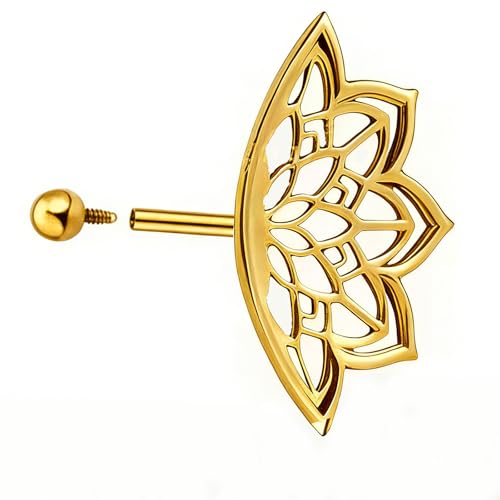 14K Gold Plated Hidden Helix Piercing Jewelry for Women Gothic Boho Mandala Lotus Cartilage Earring Flat Back Pure Titanium Geometric Helix Stud Unique Spiritual Punk Jewelry Gifts - color: Gold