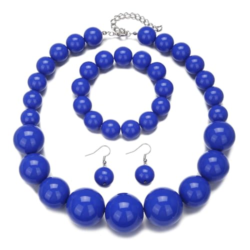 Colorful Round Beaded Earrings Neacklace Set Retro Imitation Pearls Beaded Bracelet Geometric Acrylic Beads Dangle Earrings 70s 80s Exaggerated Necklace Bracelet Jewelry - color: Blue