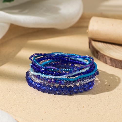 tenghong2021 Handmade Bohemian Multilayer Bracelets Boho Glass Beaded Colorful Strand Multilayered Stackable Seed Beads Bracelet for Women Friends Friendship Gifts Summer Beach Hawaii Jewelry - color: Blue