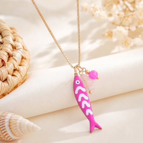 Fish Necklace for Women Gold Plated Fish Pendant Adjustable Necklace Bohemian Beach Jewelry - style: Pink fish