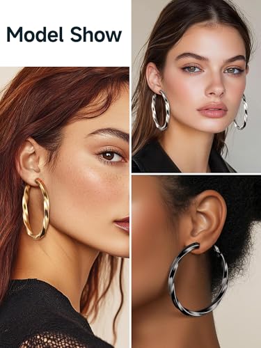 PROSTEEL Chunky Hoop Earrings for Women 14K Gold Plated/Black/Silver | 20/30/40/50/60/70/80mm Stainless Steel Thick Big Round Hoop with Waterproof and Non Tarnish Trendy Jewelry with Gift Box - color: 4. Black, size: 60MM