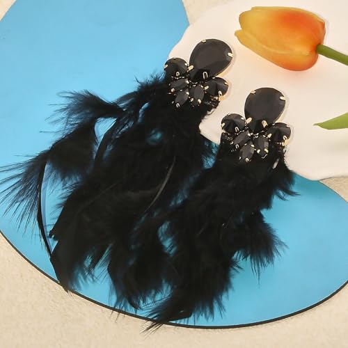 Long Feather Earrings for Women Bohemian Crystal Zirconia Dangle Feather Earrings Crystal Tassel Feather Earrings Wedding Halloween Prom Jewelry - color: Black