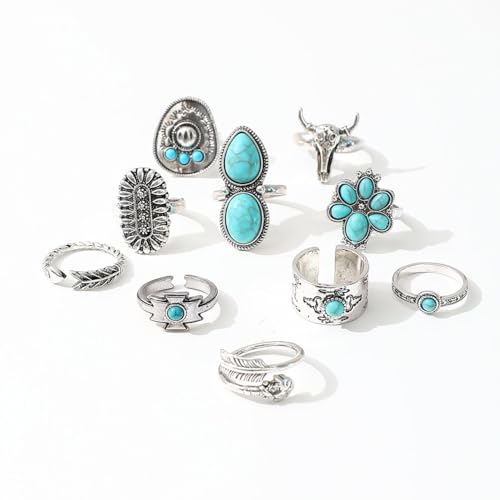 Airvess Vintage Knuckle Rings Set, Chunky Turquoise Stackable Rings, Silver Joint Finger Stacking Rings, Bohemian Western Jewelry for Women - style: 10 Pcs