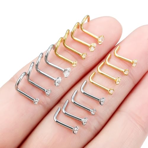 Hoeudjo Nose Studs Surgical Steel Nose Rings Studs 18G 20G 22G Cubic Zirconia 1.5mm 2mm 2.5mm 3mm Hypoallergenic Nostril Ring Screw & L-Shaped Nostril Piercing Jewelry for Women Men - color: silvertone+goldtone, size: 18g