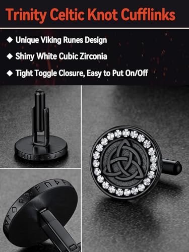 FaithHeart Mens Cufflinks, Norse Viking Tuxedo Shirt Cuff Links, Stainless Steel Cuff Links and Shirt Studs, Gift Box - style: 02. Trinity Celtic CZ-Black